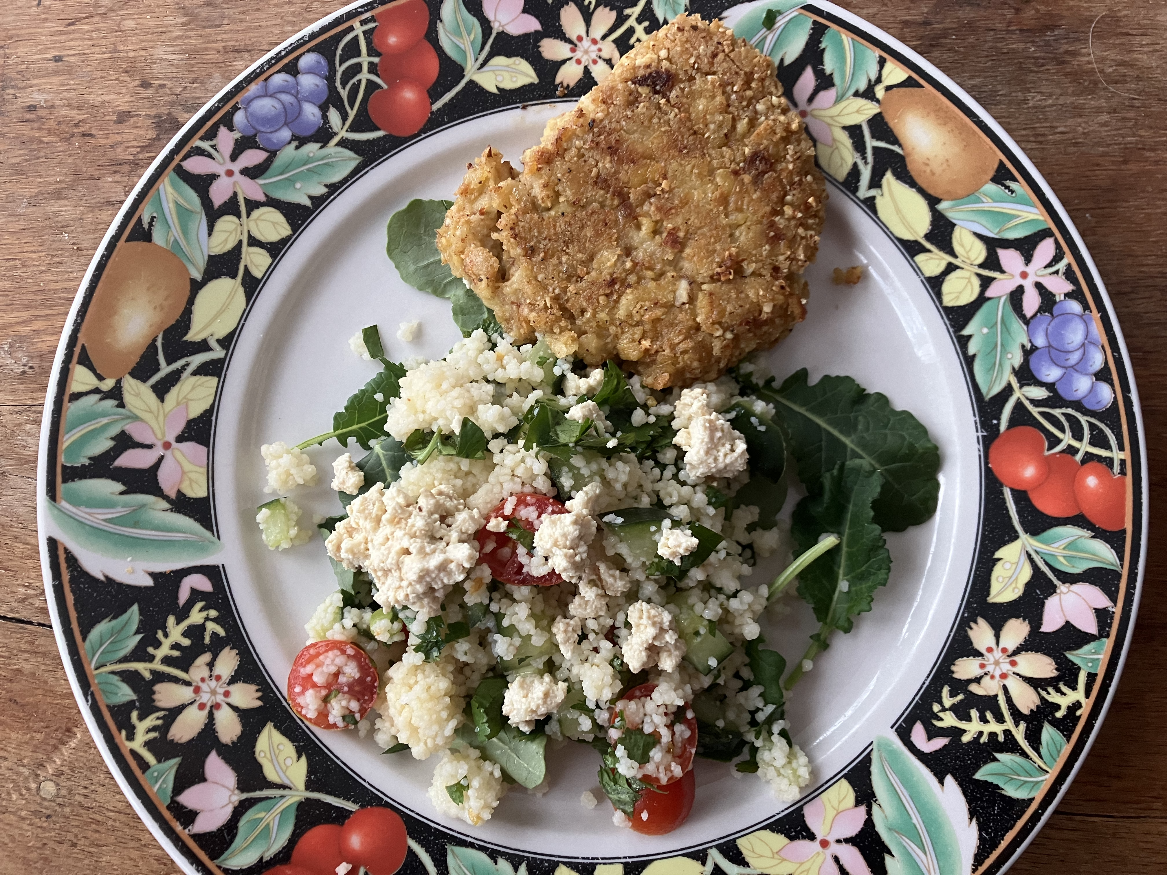 Tabbouleh and almond-chickpea cake
